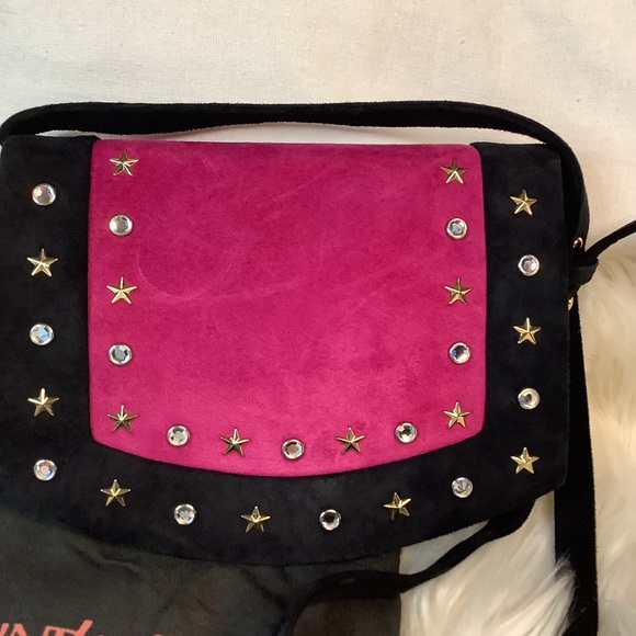YSL Yves Saint Laurent Suede Fuschia & Black Studded with stones Shoulder bag - Picture 3 of 13